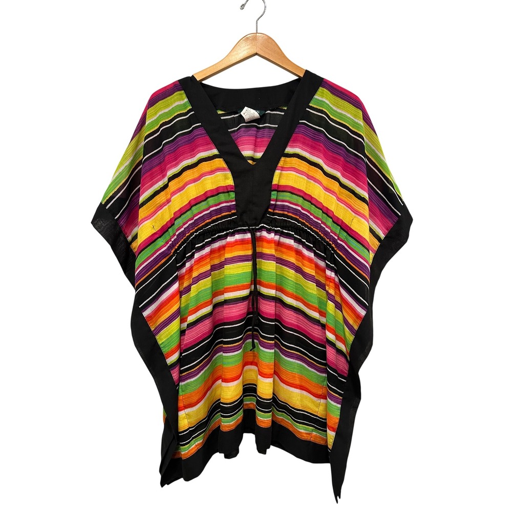 Lauren Ralph Lauren Womens Striped V-Neck Kaftan Swim Cover Up Black Multi S/M